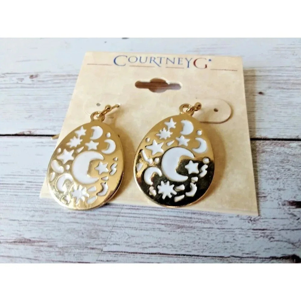 Gold Tone Teardrop Earrings with Moon and Star Cutouts